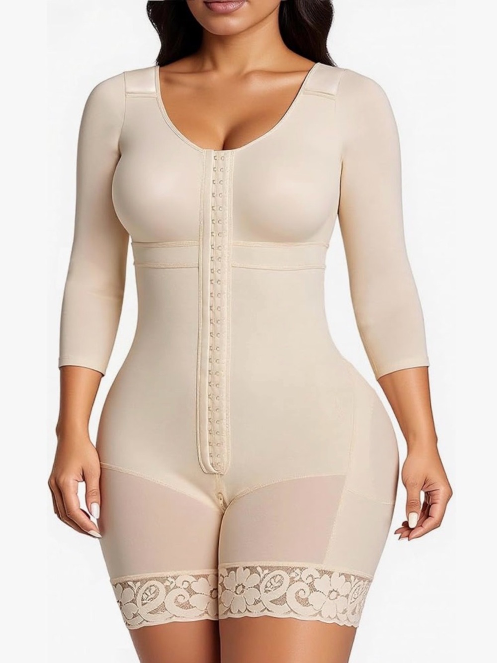 Full-Body 3/4 Sleeve Shapewear Bodysuit in Beige
